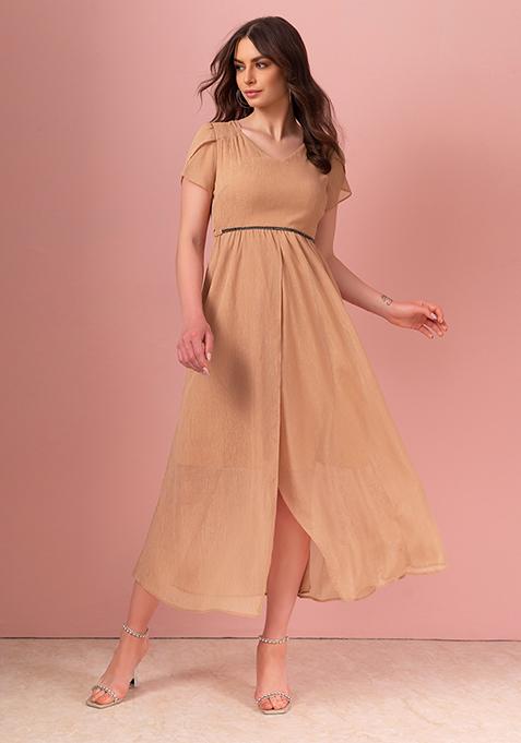 Peach V-Neck Maxi Dress With Embellished Belt