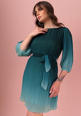 Teal Blue Ombre Pleated Dress With Belt
