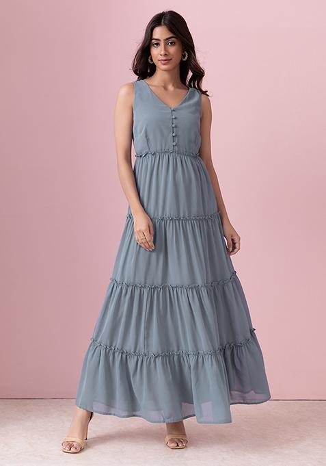 Blue Sleeveless Tiered Maxi Dress