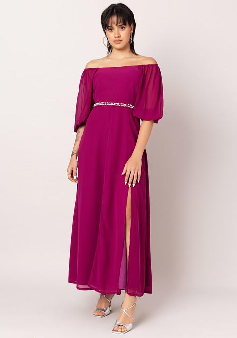 Plum Puff Sleeve Maxi Dress With Embellished Belt