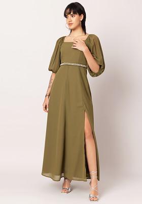 Green Puff Sleeve Maxi Dress With Embellished Belt