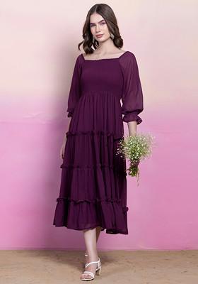 Purple Off Shoulder Tiered Midi Dress