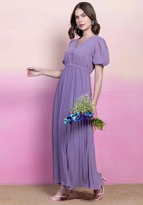 Lilac V-Neck Pleated Maxi Dress With Belt