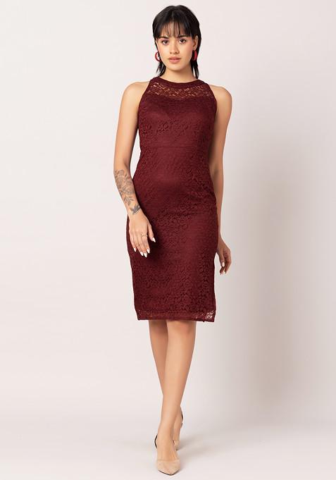 Wine Embellished Neck Sleeveless Lace Dress