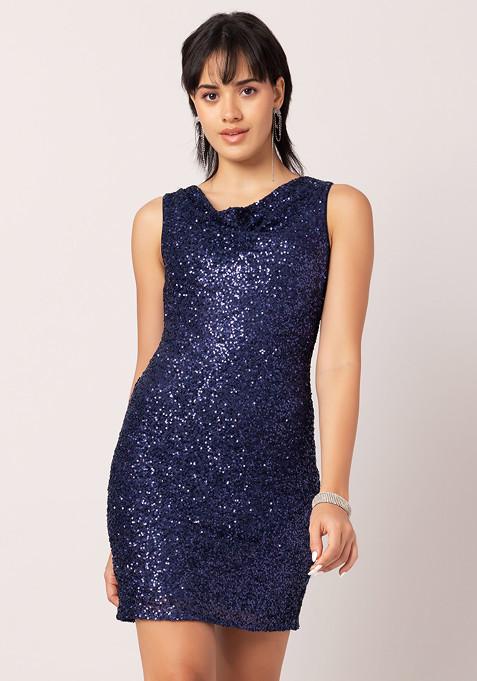 Navy Blue Cowl Neck Sequin Bodycon Dress