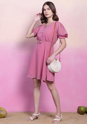 Pink Short Sleeve Maxi Dress With Tie Up Belt