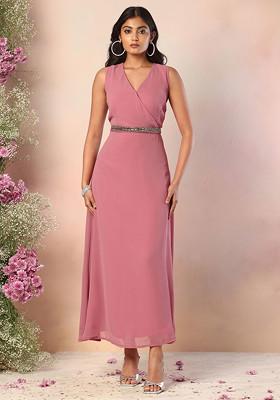 Pink Sleeveless Maxi Dress With Embellished Belt
