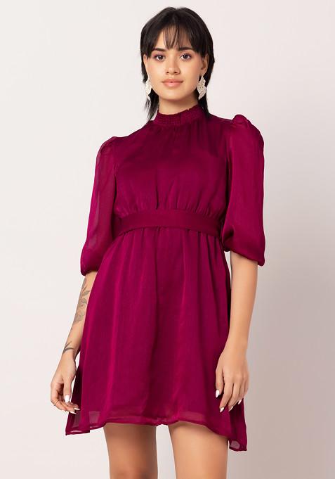 Purple High Neck Dress With Belt