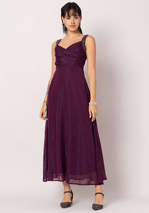 Maroon Gathered Embellished Strap Maxi Dress