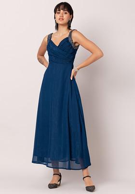 Blue Gathered Embellished Strap Maxi Dress
