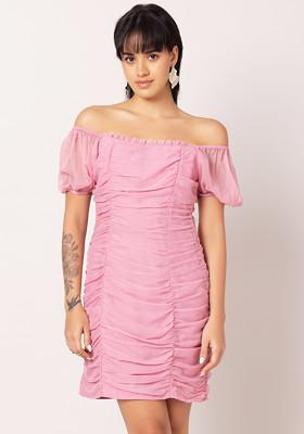 Pink Ruched Puff Sleeve Bodycon Dress