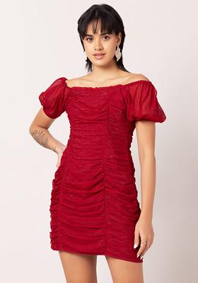 Red Ruched Puff Sleeve Bodycon Dress
