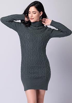 Grey High Neck Knitted Sweater Dress