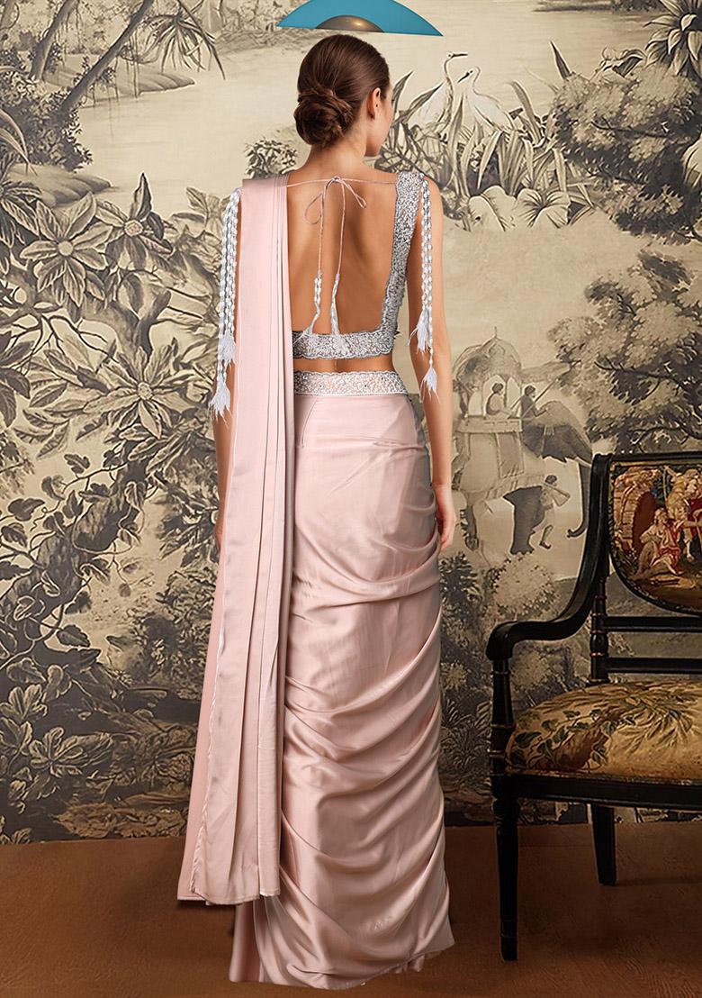 Peach Pre-Stitched Saree Set With Hand Embroidered Blouse