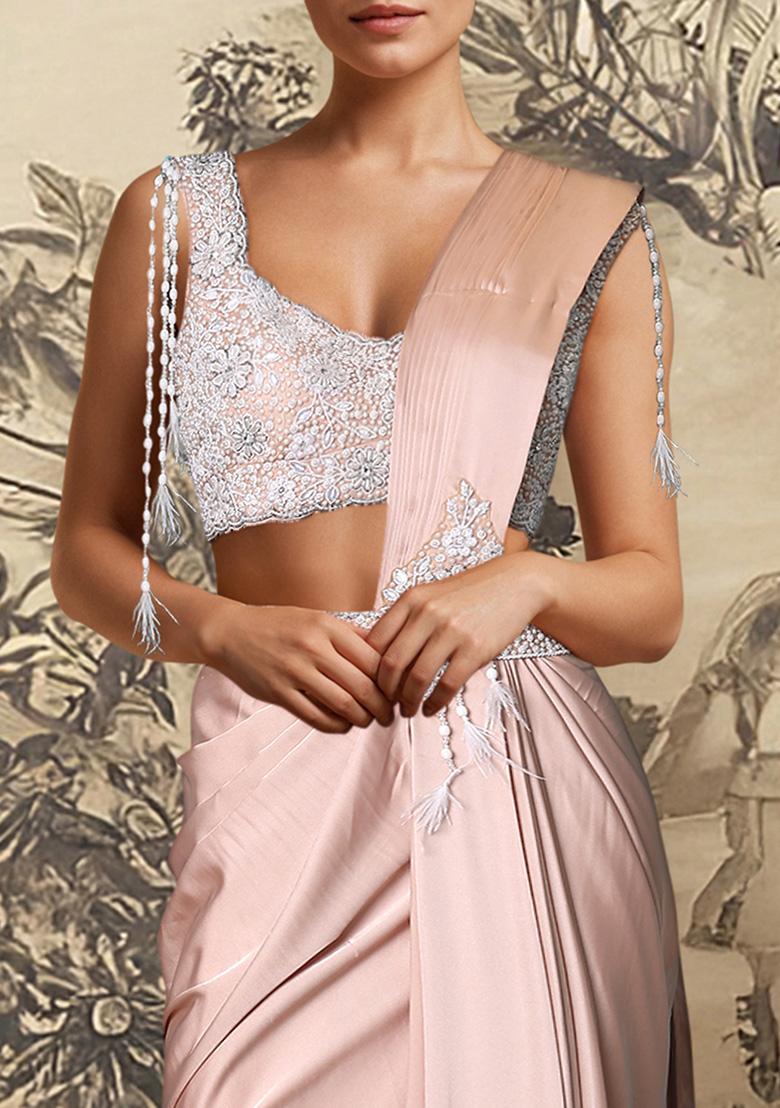 Peach Pre-Stitched Saree Set With Hand Embroidered Blouse