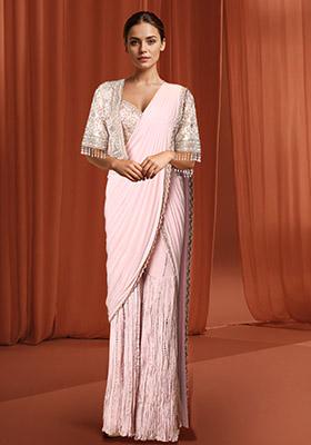 Pink Pre-Stitched Sharara Saree Set With Hand Embroidered Blouse And Jacket