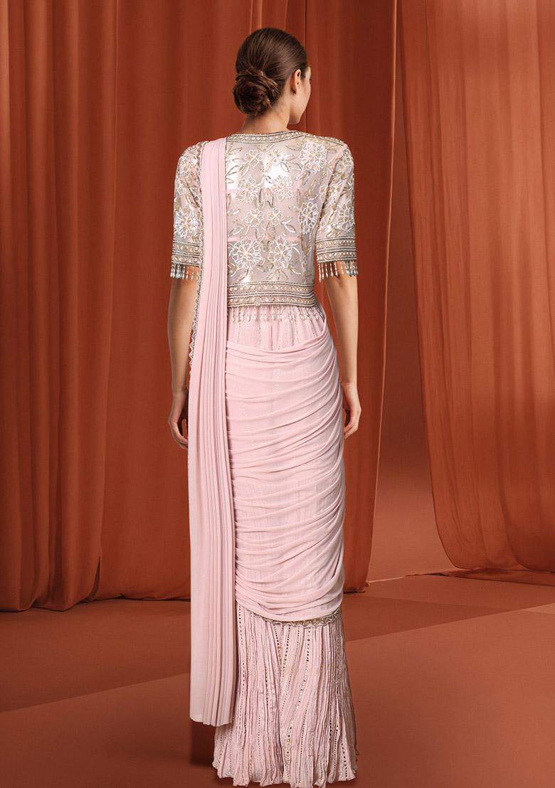 Pink Pre-Stitched Sharara Saree Set With Hand Embroidered Blouse And Jacket