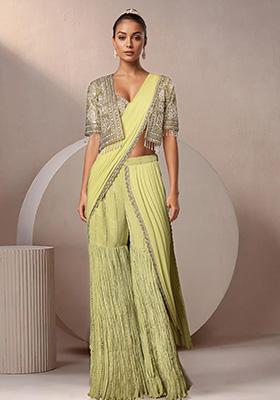 Green Pre-Stitched Sharara Saree Set With Hand Embroidered Blouse And Jacket