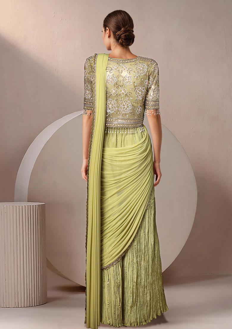 Green Pre-Stitched Sharara Saree Set With Hand Embroidered Blouse And Jacket