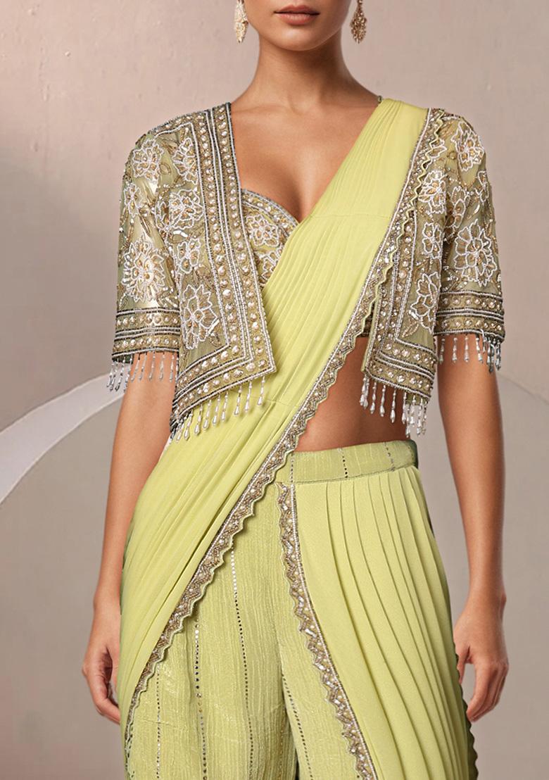 Green Pre-Stitched Sharara Saree Set With Hand Embroidered Blouse And Jacket