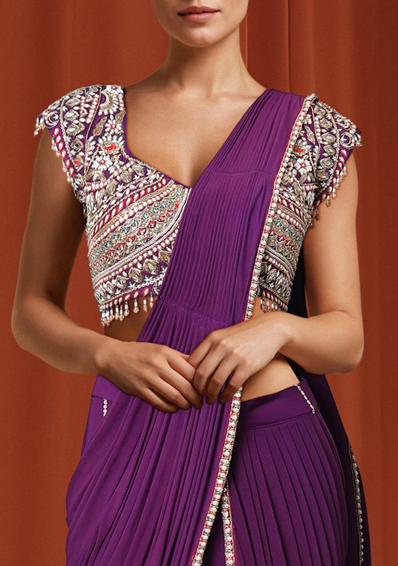 Purple Pre-Stitched Sharara Saree Set With Hand Embroidered Blouse