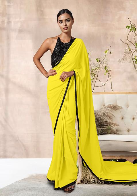 Yellow Pre-Stitched Saree Set With Hand Embroidered Blouse