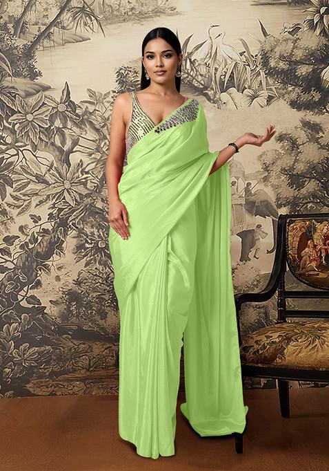 Green Pre-Stitched Saree Set With Hand Embroidered Blouse