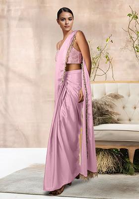 Peach Pre-Stitched Saree Set With Hand Embroidered Blouse