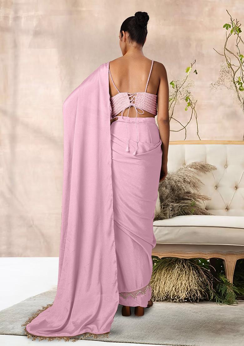 Peach Pre-Stitched Saree Set With Hand Embroidered Blouse