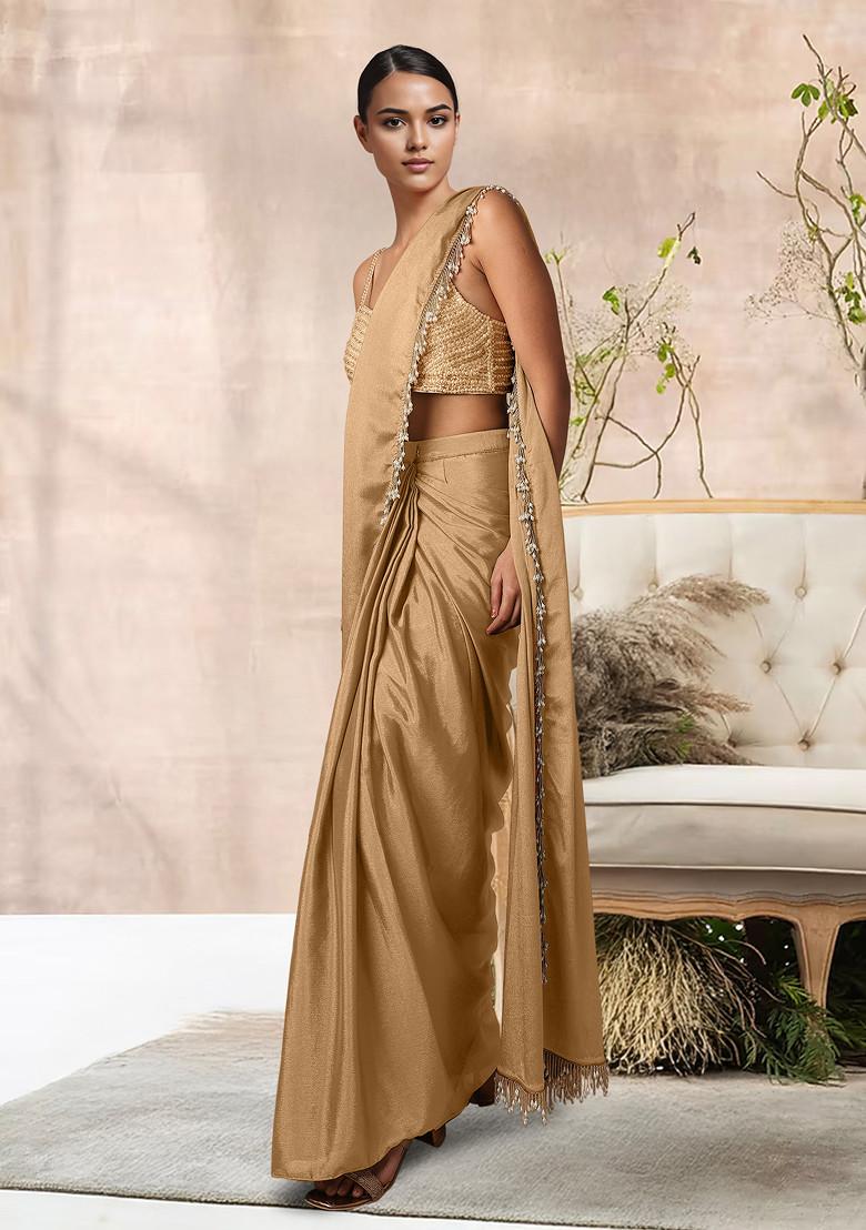 Beige Pre-Stitched Saree Set With Hand Embroidered Blouse