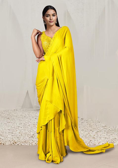 Yellow Pre-Stitched Saree Set With Hand Embroidered Blouse