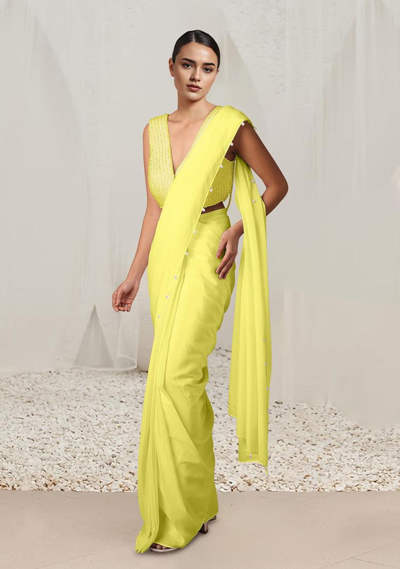 Yellow Pre-Stitched Saree Set With Hand Embroidered Blouse