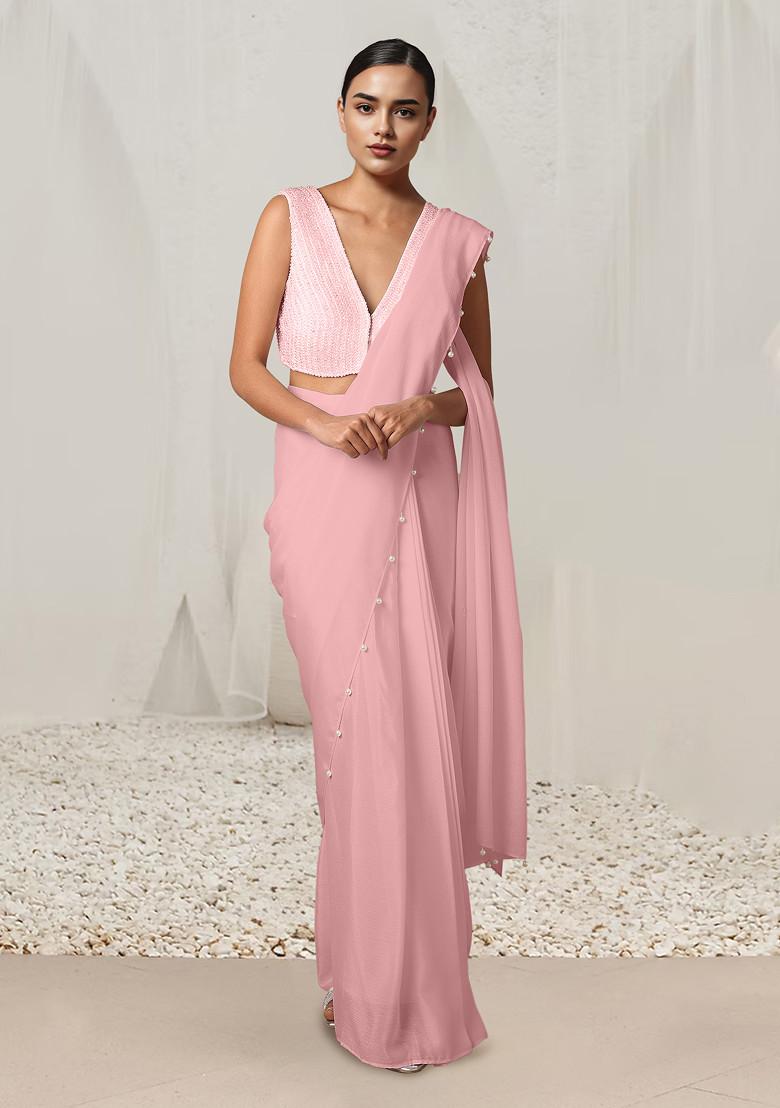 Peach Pre-Stitched Saree Set With Hand Embroidered Blouse