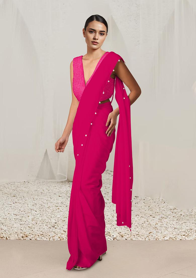 Pink Pre-Stitched Saree Set With Hand Embroidered Blouse