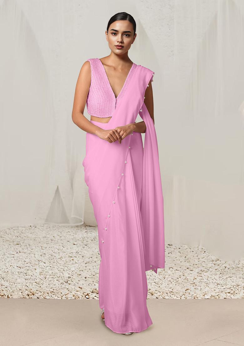 Pink Pre-Stitched Saree Set With Hand Embroidered Blouse