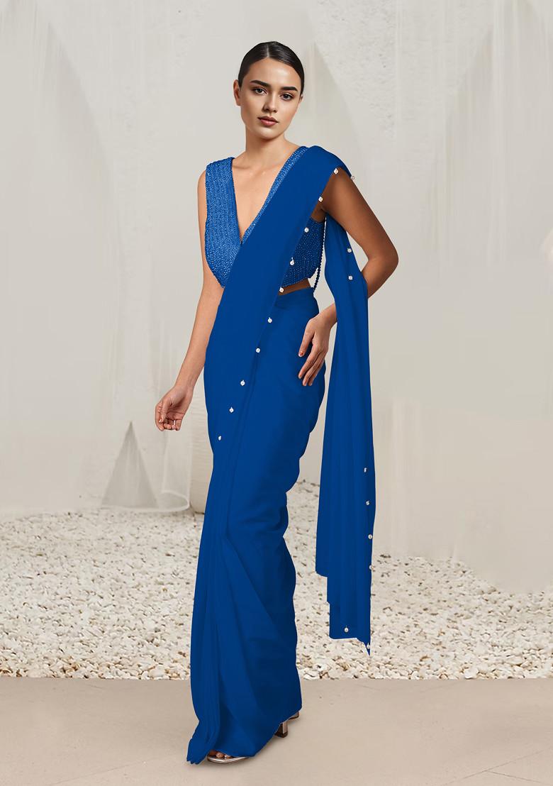Blue Pre-Stitched Saree Set With Hand Embroidered Blouse
