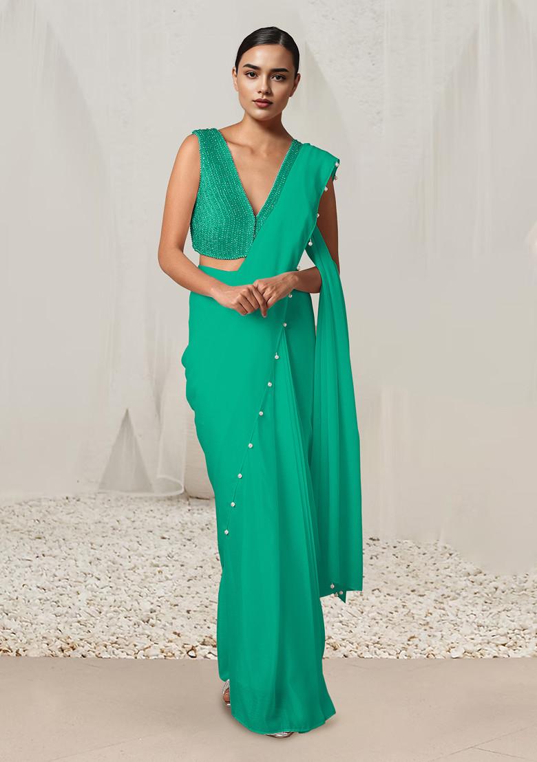 Green Pre-Stitched Saree Set With Hand Embroidered Blouse