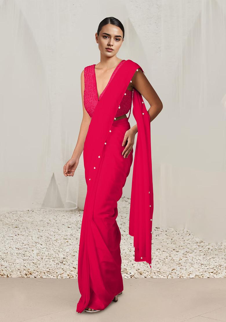 Red Pre-Stitched Saree Set With Hand Embroidered Blouse