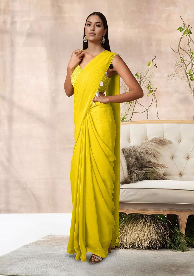Yellow Pre-Stitched Saree Set With Hand Embroidered Blouse