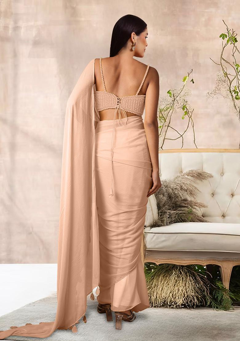 Peach Pre-Stitched Saree Set With Hand Embroidered Blouse