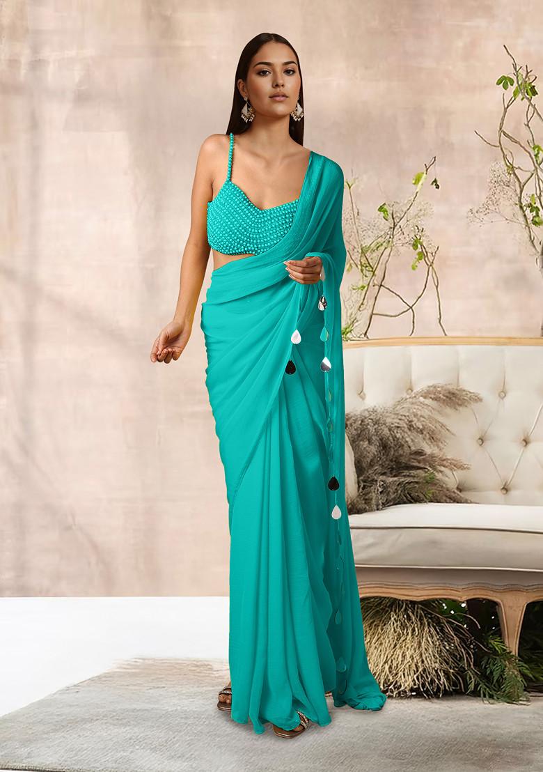 Green Pre-Stitched Saree Set With Hand Embroidered Blouse