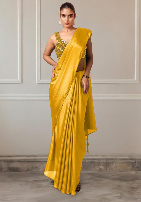 Golden Pre-Stitched Saree Set With Hand Embroidered Blouse