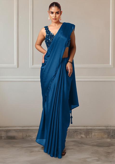 Blue Pre-Stitched Saree Set With Hand Embroidered Blouse