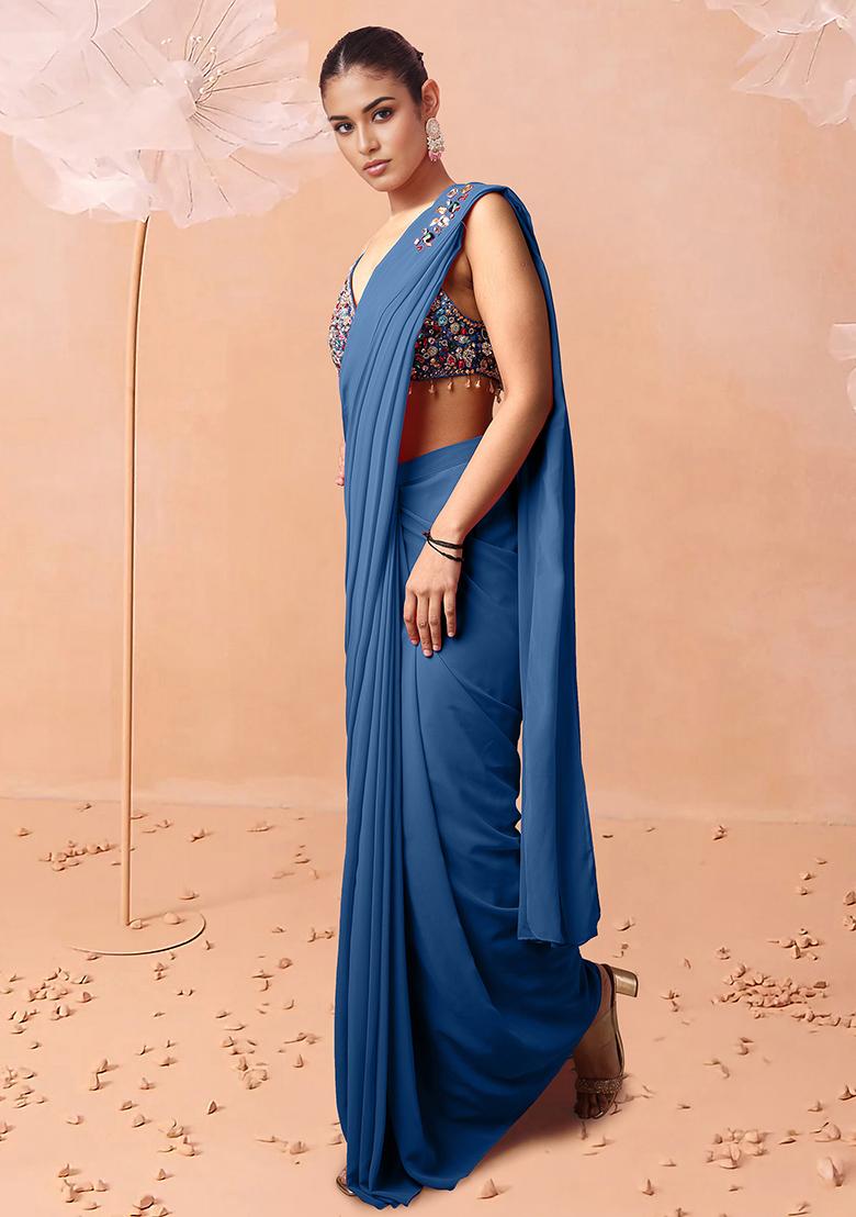 Blue Pre-Stitched Saree Set With Hand Embroidered Blouse