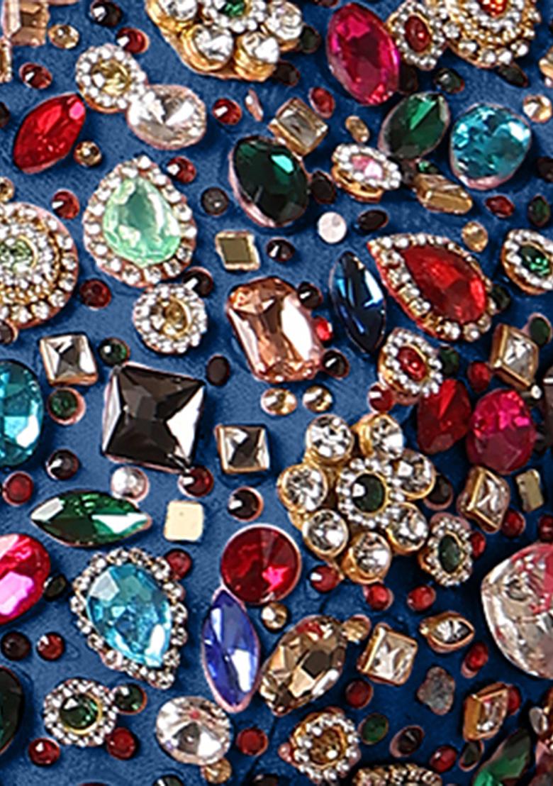 Blue Pre-Stitched Saree Set With Hand Embroidered Blouse