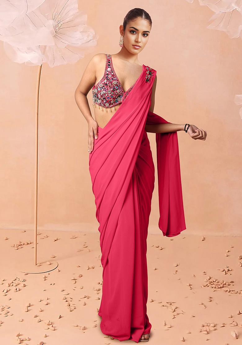 Pink Pre-Stitched Saree Set With Hand Embroidered Blouse