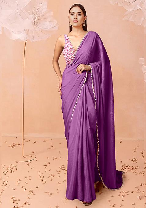 Purple Pre-Stitched Saree Set With Hand Embroidered Blouse