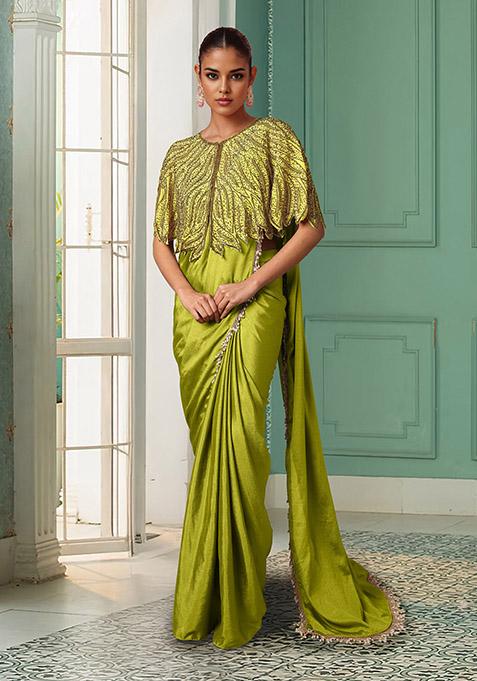 Green Pre-Stitched Saree Set With Hand Embroidered Blouse