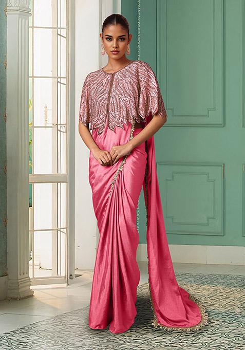 Pink Pre-Stitched Saree Set With Hand Embroidered Blouse