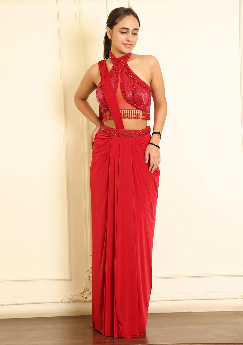 Red Pre-Stitched Saree Set With Hand Emoridered Blouse